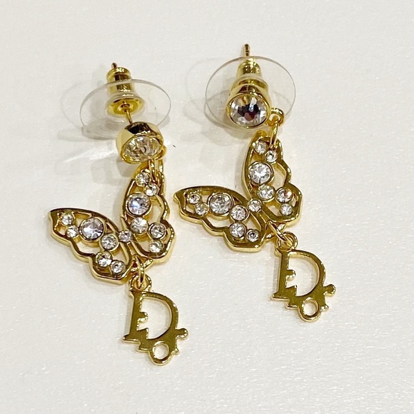 VINTAGE DIOR Earrings Butterfly Swarovski Crystal Gold Authentic New - Picture 3 of 4